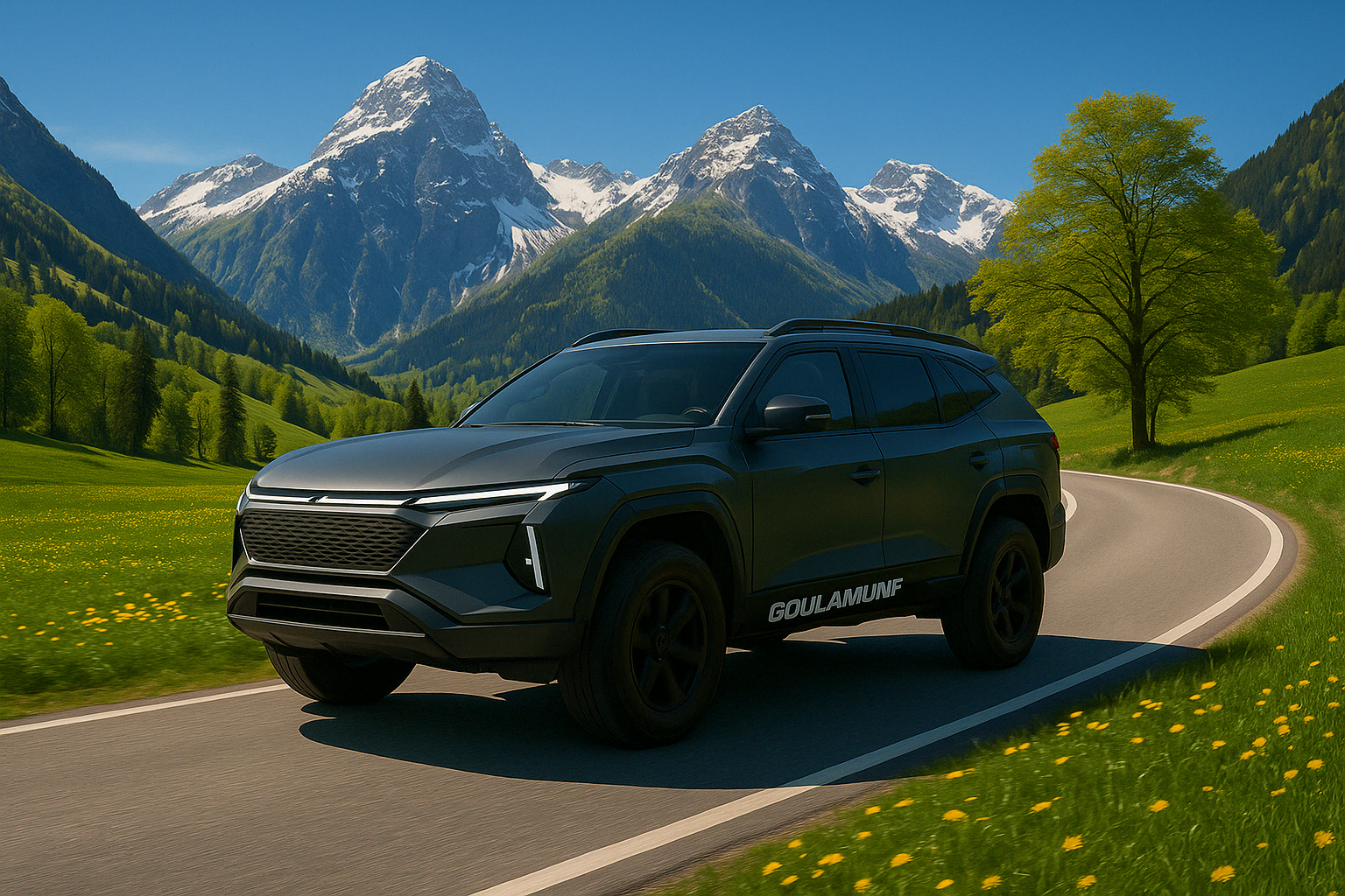 Le SUV tout-terrain hydrogène Goulamunf circulant sur une route de montagne sinueuse entourée de prairies fleuries et de sommets alpins.